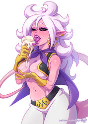 1girls 2010s android_21 big_breasts black_sclera breasts cape cleavage dark_persona dragon_ball dragon_ball_fighterz dragon_ball_z eyeshadow fangs female hoop_earrings hourglass_figure humanoid ice_cream ice_cream_cone kajinman large_breasts lipstick long_hair majin majin_android_21 majin_buu_(cosplay) makeup monster_girl no_bra open_mouth pink_skin pointy_ears red_eyes solo tail tongue tongue_out vest white_hair rating:Questionable score:108 user:justausername