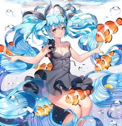  black_dress blue_eyes blue_hair clownfish commentary dress female fish floating_hair hatsune_miku long_hair ruhee shinkai_shoujo_(vocaloid) smile solo symbol-only_commentary twintails underwater very_long_hair vocaloid  rating:safe score: user:bot