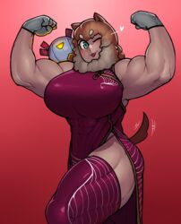 abs armpits big_breasts blue_eyes cheongsam dog_ears dog_tail felicia_(krekk0v) flexing krekk0v looking_at_viewer monster_girl muscular muscular_female size_difference smile thick_thighs thighhighs wink rating:Explicit score:91 user:FuckedSkull