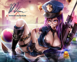 blush breasts caitlyn_kiramman cleavage female glasses gun large_breasts league_of_legends long_hair mumeaw nipples officer_vi police police_hat police_uniform policewoman purple_hair rifle shy signature rating:Questionable score:36 user:mumeaw