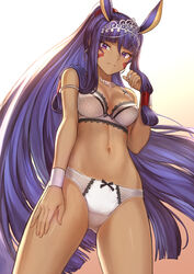 bow_bra bow_panties bowtie bra breasts cleavage dark-skinned_female dark_skin egyptian fate/grand_order fate_(series) female female_only hoop_earrings jewelry lingerie long_hair looking_at_viewer mashu_003 midriff navel necklace nitocris_(fate/grand_order) panties purple_eyes purple_hair solo tiara underwear white_bra white_panties rating:Questionable score:139 user:Quarks