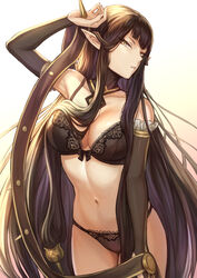 black_bra black_hair black_panties bra breasts cleavage detached_sleeves elf fate/grand_order fate_(series) female female_only lingerie long_hair looking_at_viewer mashu_003 navel panties pointy_ears semiramis_(fate) underwear yellow_eyes rating:Questionable score:245 user:Quarks