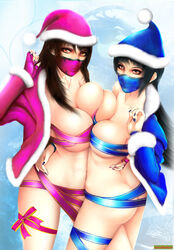 2d 2girls ass black_hair breast_press breast_suppress breasts brown_eyes brown_hair christmas cleavage coat curvy female fingerless_gloves from_above gloves hand_on_hip hat hug huge_breasts kitana lace large_breasts long_hair looking_at_viewer looking_up mask mileena mortal_kombat mortal_kombat_(2011) nail_polish netherrealm_studios ninja orange_eyes outdoors pose ribbon santa_hat siblings sisters snow standing symmetrical_docking windbelow rating:Questionable score:154 user:orbitjewel