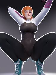 1girls ben_10 big_breasts breasts cosplay costume female female_only green_eyes gwen_tennyson heart looking_at_viewer looking_down marvel orange_hair popogori smug solo spider-gwen_(cosplay) squatting visible_nipples rating:Explicit score:238 user:Needek