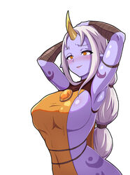 1girls armpits arms_up big_breasts blush breasts cleavage clothed clothed_female dress erect_nipples erect_nipples_under_clothes female female_only horn large_breasts league_of_legends long_hair minieon_kiugi nipples orange_eyes ponytail purple_skin sideboob smile solo soraka tattoo toned toned_female underboob white_background white_hair rating:Questionable score:152 user:justausername