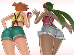 2girls armpits ass back bare_shoulders big_ass breasts chocolate_and_vanilla clothed clothed_female dark-skinned_female dark_skin female_only flower from_behind fully_clothed green_hair hairband hand_on_hips huge_ass human human_only kasumi_(pokemon) looking_away mallow_(pokemon) nintendo orange_hair poke_ball pokemon pokemon_rgby pokemon_sm shirt short_hair shorts side_ponytail standing suspenders tank_top thick_thighs twintails wanao white_background wide_hips rating:Explicit score:135 user:Draco1235