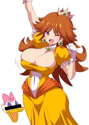 1girls alternate_breast_size anime_style arm_up big_breasts breasts brown_hair cleavage clothing crossover crown daisy_duck disney dress earrings female female_only gloves hourglass_figure huge_breasts human identity_censor jewelry konno_tohiro large_breasts mario_(series) nintendo one_eye_closed open_mouth orange_dress princess_daisy simple_background smile soft_feathers solo standing tight_clothing white_background white_gloves wink rating:Questionable score:343 user:justausername