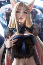 ahri blush breasts busty female_only k/da_all_out_ahri k/da_all_out_series k/da_series league_of_legends looking_at_viewer navel riot_games sakimichan the_baddest_ahri rating:Explicit score:219 user:jiosdfvjio