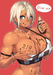 1girls abs big_breasts blush breast_grab breasts chocolate chocolate_on_breasts choker cleavage crop_top dark-skinned_female dark_skin female female_only large_breasts looking_at_viewer muscular_female original sela_(sela_god) sela_god solo speech_bubble text valentine's_day wedding_ring rating:Questionable score:126 user:justausername