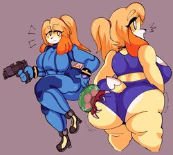 animal_crossing anthro ass big_ass big_breasts bodysuit breasts bubble_butt canid canine canis clothed clothing dork_boi female fur furry high_heels huge_ass isabelle_(animal_crossing) latex lewd_dorky metroid metroid_(creature) nintendo tail zero_suit rating:Questionable score:55 user:Damedanefan