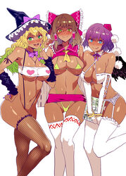 3girls ass bare_shoulders bimbo blush breasts cleavage female female_only fishnets ganguro gyaru large_breasts looking_at_viewer marisa_kirisame micro_bikini microskirt mizuryuu_kei nipple_bulge reimu_hakurei shameimaru_aya short_hair simple_background skimpy sling_bikini sling_bikini_aside smoking string_bikini thighhighs thong toned tongue tongue_out touhou tubetop white_background wide_hips wings rating:Explicit score:288 user:masterbutter