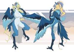  2023 4_claws 4_toes anisodactyl anthro arms_bent avian avian_feet beak bent_legs biped bird blonde_hair blue_arms blue_beak blue_body blue_claws blue_ears blue_feathers blue_feet blue_hair blue_toe_claws blue_toes blue_wings breasts chinese_description claws cmuhui english_description eyebrow_through_hair eyebrows eyelashes facial_markings feather_tuft feathers featureless_breasts featureless_crotch feet female female_anthro full-length_portrait hair head_markings hi_res lidigeneer_(lidigeneer) long_hair looking_at_viewer markings multicolored_hair multiple_poses navel neck_tuft non-mammal_breasts open_mouth portrait pose solo standing tail tail_feathers talons thin_eyebrows three-quarter_view toe_claws toes translucent translucent_hair tuft two_tone_hair wings  rating:safe score: user:bot