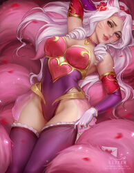 ahri blush breasts cleavage female female_only kittew league_of_legends looking_at_viewer solo sweetheart_ahri thighhighs valentine's_day rating:Safe score:195 user:justausername