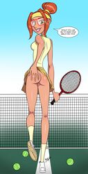 aeolus06 ass ass_grab big_hero_6 big_hero_6:_the_series clothing dialogue disney disney_channel glasses hair_band hair_bun headband honey_lemon lipstick looking_at_viewer looking_back marvel no_panties orange_hair seductive skirt skirt_lift smile speech_bubble tennis_court tennis_racket text yellow_eyes rating:Questionable score:259 user:thebooblover