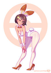 1girls alternate_outfit bent_over big_ass blush breasts brown_eyes brown_hair bunnysuit choker cleavage cosplay eyelashes fake_ears female female_only gloria_(pokemon) hand_on_leg high_heels human human_only kajinman nintendo one_eye_closed orange_shoes pokemon pokemon_(cosplay) pokemon_ss scorbunny_(cosplay) shoes short_hair smile solo tan text thick_thighs url watermark white_background wide_hips wink rating:Safe score:425 user:TheRedMaverick