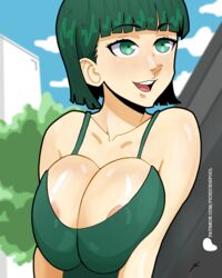  big_breasts fubuki_(one-punch_man) green_eyes green_hair nipples_visible_through_clothing one-punch_man pichichi smile smiling  rating:questionable score: user:pichichi