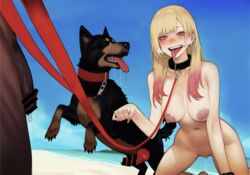  1boy 1dog 1girls black_cock blonde_hair canine censored cthulhu_chan dripping dripping_pussy exhibitionism kitagawa_marin leash male my_dress_up_darling penis petplay pubes sono_bisque_doll_wa_koi_wo_suru zoophilia  rating:explicit score: user:shpshftheat