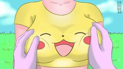  animated breast_grab breasts clothed crop_top female gloves keribem meme no_sound pikachu pokemon shirt shirt_lift tagme video white_gloves  rating:explicit score: user:keribem