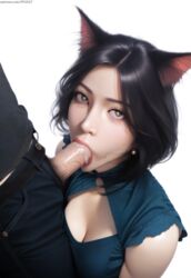  ai_generated black_hair bob_cut cat_ears catgirl dress fellatio green_eyes looking_at_viewer nai_diffusion oral_sex original original_character pubic_hair pujopg realistic short_hair  rating:explicit score: user:pujopg