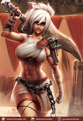 1girls abs background brown_eyes chains clothed clothing female female_only league_of_legends light-skinned_female lips looking_at_viewer luminyu makeup muscle muscles muscular muscular_female navel open_eyes riot_games riven scar short_hair sideboob solo solo_focus sword text thick_thighs url watermark weapon white_hair wide_hips rating:Safe score:181 user:drackenzo