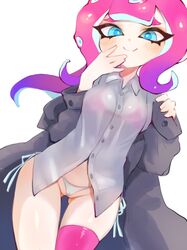 between_labia blue_eyes bra cameltoe female female_only innie_pussy jtveemo light_skin octoling one_stocking panties pink_hair ponytail see-through splatoon rating:Questionable score:188 user:Continuux