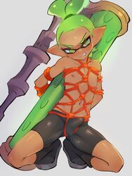 1boy angry arms_behind_back bent_legs blush bondage brown_skin color colored crotch_rope crouching embarrassed erect_nipples erect_penis erection erection_under_clothes fangs femboy green_eyes green_hair humanoid inkling inkling_boy jtveemo male male_nipples male_only nintendo open_mouth penis_bulge pointy_ears red_rope rider_(splatoon) rope sharp_teeth shibari shirtless shoes shorts simple_background solo splatoon splatoon_(manga) splatoon_(series) tentacle_hair thick_thighs twink rating:Explicit score:117 user:Continuux