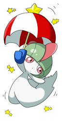  1other arm_up blunt_bangs bowl_cut closed_mouth colored_skin commentary_request dot_mouth floating green_hair highres holding holding_umbrella lolicon looking_down monya motion_lines other_focus pokemon pokemon_(creature) ralts red_eyes short_hair solo star_(symbol) umbrella white_background white_skin  rating:questionable score: user:bot