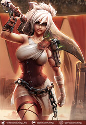 background chains clothed clothing female female_only league_of_legends lips looking_at_viewer luminyu makeup muscle muscles muscular muscular_female open_eyes riot_games riven scar short_hair sideboob solo solo_focus sword thick_thighs weapon white_hair rating:Safe score:109 user:drackenzo