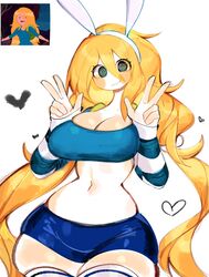 1girls @_@ adventure_time big_breasts blonde_hair blush breasts bunny_ears cartoon_network cleavage double_peace_sign double_v fionna_the_human_girl green_eyes heart long_hair medium_breasts midriff navel peace_sign reference_image shiny_hair shiny_skin short_shorts spiral_eyes tagme thick_thighs thighhighs usa37107692 very_long_hair wide_hips rating:Questionable score:195 user:Epicgaming69