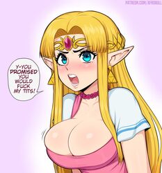 1girls afrobull angry big_breasts blonde_hair blue_eyes blush bursting_breasts cleavage crying dialogue earring earrings female female_only huge_breasts human humanoid light_skin long_hair nintendo open_mouth paizuri_invitation pointy_ears princess_zelda solo speech_bubble talking_to_viewer tears text the_legend_of_zelda you_promised_you_would_fuck_my_tits zelda_(a_link_between_worlds) rating:Safe score:1065 user:Anonymous77