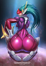 aqua_hair badcompzero big_ass bodysuit dat_ass league_of_legends looking_at_viewer shyvana spank_marks super_galaxy_series super_galaxy_shyvana tagme rating:Explicit score:180 user:Dragon_booty_Shyvana_