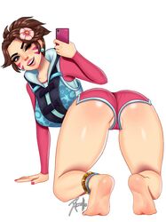 1girls 2019 alternate_costume ass bad_anatomy bikini_shorts brown_eyes brown_hair d.va feet female female_only legs life_jacket lipstick overwatch pink_toenails rash_guard selfie short_shorts simple_background solo waveracer_d.va xinaelle rating:Questionable score:96 user:darkmaster