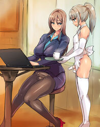 1boy 1futa apron big_breasts blouse blue_eyes breasts brown_hair bulge cock_sock computer crossdressing elbow_gloves erection erection_under_clothes femboy flat_chested futa_is_bigger futa_with_male futanari genitalwear girly gloves grey_hair heels high_heels highres intersex laptop lingerie long_hair maid male mouth nipples nipples_visible_through_clothing office office_lady pantyhose penis penis_in_pantyhose penis_size_difference penis_under_pantyhose penis_under_skirt ponytail secretary see-through shirt shoes skirt stockings testicles thighhighs tied_hair trap ubanis white_legwear white_thighhighs rating:Explicit score:558 user:bot