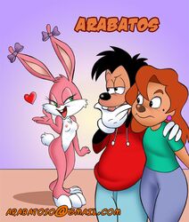 anthro arabatos babs_bunny barefoot breasts canine closed_mouth clothes crossover disney dog ear_piercing female fur furry furry_breasts goof_troop looking_aside male mammal max_goof multiple_females nipples nude open_mouth piercing pink_fur rabbit roxanne_(goof_troop) smile smooth_fur standing tagme tiny_toon_adventures uncensored warner_brothers white_fur rating:Explicit score:17 user:bot