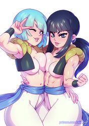 2girls black_hair blue_eyes blue_hair bob_cut breast_press breast_squish breasts bulma_briefs chichi clothing cosplay dragon_ball dragon_ball_z exposed_breasts female female_only kajinman medium_breasts metamoran_clothing milf multiple_girls no_bra one_eye_closed pants v vest wink yuri rating:Explicit score:313 user:EdgySexy