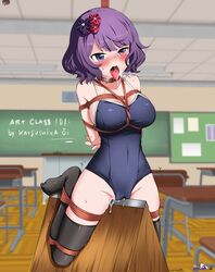 arms_behind_back bell_haircut blush bondage bound breasts classroom collar deep_blush eudetenis fate/grand_order fate_(series) female full-face_blush hair_ornament highres katsushika_hokusai_(fate) open_mouth partially_visible_vulva purple_eyes purple_hair pussy_juice rope school_swimsuit short_hair slave solo sweat swimsuit tears thighhighs tongue tongue_out wooden_horse rating:Explicit score:168 user:bot