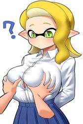 1girls asymmetrical_hair blush breast_grab breasts cleavage female hi_res huge_breasts inkling inkling_girl long_hair nintendo nobunagapero peronattu pov school_uniform schoolgirl simple_background splatoon splatoon_(series) yellow_hair rating:Explicit score:67 user:Aeolus_HX