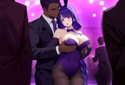 1boy ai_generated bare_shoulders behind_another black_gloves black_pantyhose blush braided_ponytail breast_hold breasts breasts_out casino dark-skinned_male detached_collar elbow_gloves fake_rabbit_ears genshin_impact grabbing_another's_breast hug_from_behind large_breasts looking_at_another molestation nipples partially_undressed people_in_background purple_bowtie purple_eyes purple_hair purple_leotard purple_necktie raiden_shogun standing suit surprised taller_male thighband_pantyhose undressing_another very_long_hair rating:Explicit score:46 user:DarkRose26