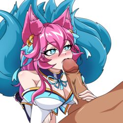 1boy 1girls ahri animal_ears blowjob blue_eyes cleavage cute eliteplus_ eye_contact female fox fox_ears fox_girl fox_tail kneeling league_of_legends licking_penis oral oral_sex petite pink_hair riot_games tail teenager white_background rating:Explicit score:37 user:darkrobbe1