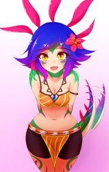 1girls ayatori breasts cleavage cute eye_contact female happy league_of_legends lizard_girl looking_at_viewer navel neeko riot_games short_shorts smile smiling tail wide_hips rating:Safe score:133 user:westlander2