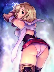 ashelia_b'nargin_dalmasca ass back back_view bare_shoulders blonde_hair blue_eyes blush clothes color female female_only final_fantasy final_fantasy_xii from_behind gureguma hair hume leaning_forward panties short_hair solo thighhighs underwear yoko_jyusuke rating:Questionable score:37 user:bot