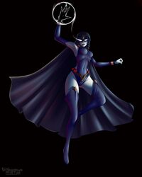  black_background cloak dc dc_comics erect_nipples grazhdanin_apatiy grey_skin hood magic purple_eyes purple_hair raven_(dc) superheroine teen_titans tight_suit  rating:explicit score: user:graapa