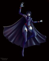  black_background cloak dc dc_comics erect_nipples grazhdanin_apatiy grey_skin hood purple_eyes purple_hair raven_(dc) superheroine teen_titans tight_suit  rating:explicit score: user:graapa