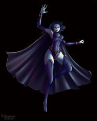  black_background cloak dc dc_comics erect_nipples grazhdanin_apatiy grey_skin purple_eyes purple_hair raven_(dc) superheroine teen_titans tight_suit  rating:explicit score: user:graapa