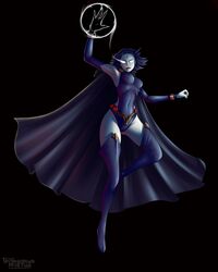  black_background cloak dc dc_comics erect_nipples grazhdanin_apatiy grey_skin magic purple_eyes purple_hair raven_(dc) superheroine teen_titans tight_suit  rating:explicit score: user:graapa