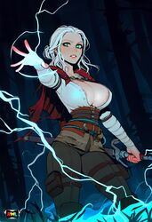  ai_generated breasts ciri clothing female green_eyes light-skinned_female magic nipples outdoors rwl solo sword the_witcher_(series) the_witcher_3:_wild_hunt white_hair  rating:explicit score: user:kokizi