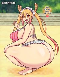 1girls ass big_ass big_breasts big_butt bikini bikini_bottom bikini_skirt bikini_top blonde_hair crouching fat_ass female female_only huge_ass large_ass large_breasts looking_at_viewer matospectoru miss_kobayashi's_dragon_maid open_mouth orange_eyes shiny_skin skirt solo solo_female solo_focus squatting text text_bubble thick_thighs thighs tohru_(dragon_maid) waving_at_viewer rating:Questionable score:53 user:HughthyDerg