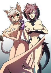 2girls au_ra blue_eyes breast_grab breasts completely_nude female_pov final_fantasy final_fantasy_xiv green_eyes kinkymation l'cielle_lhas(ci) large_breasts miqo'te one_finger_selfie_challenge pink_hair selfie sin_faye tattoo white_hair xaela rating:Explicit score:60 user:aajaxx