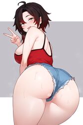 1girls ass bluefield booty_shorts breasts bubble_butt dat_ass female hi_res huge_ass large_breasts light-skinned_female light_skin red_hair ruby_rose rwby short_hair short_shorts shorts smile sweat tank_top rating:Questionable score:128 user:Aeolus_HX