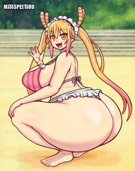 1girls ass big_ass big_breasts big_butt bikini bikini_bottom bikini_skirt bikini_top blonde_hair crouching fat_ass female female_only huge_ass large_ass large_breasts looking_at_viewer matospectoru miss_kobayashi's_dragon_maid open_mouth orange_eyes shiny_skin skirt solo solo_female solo_focus squatting thick_ass thick_thighs thighs tohru_(dragon_maid) waving_at_viewer rating:Questionable score:30 user:HughthyDerg